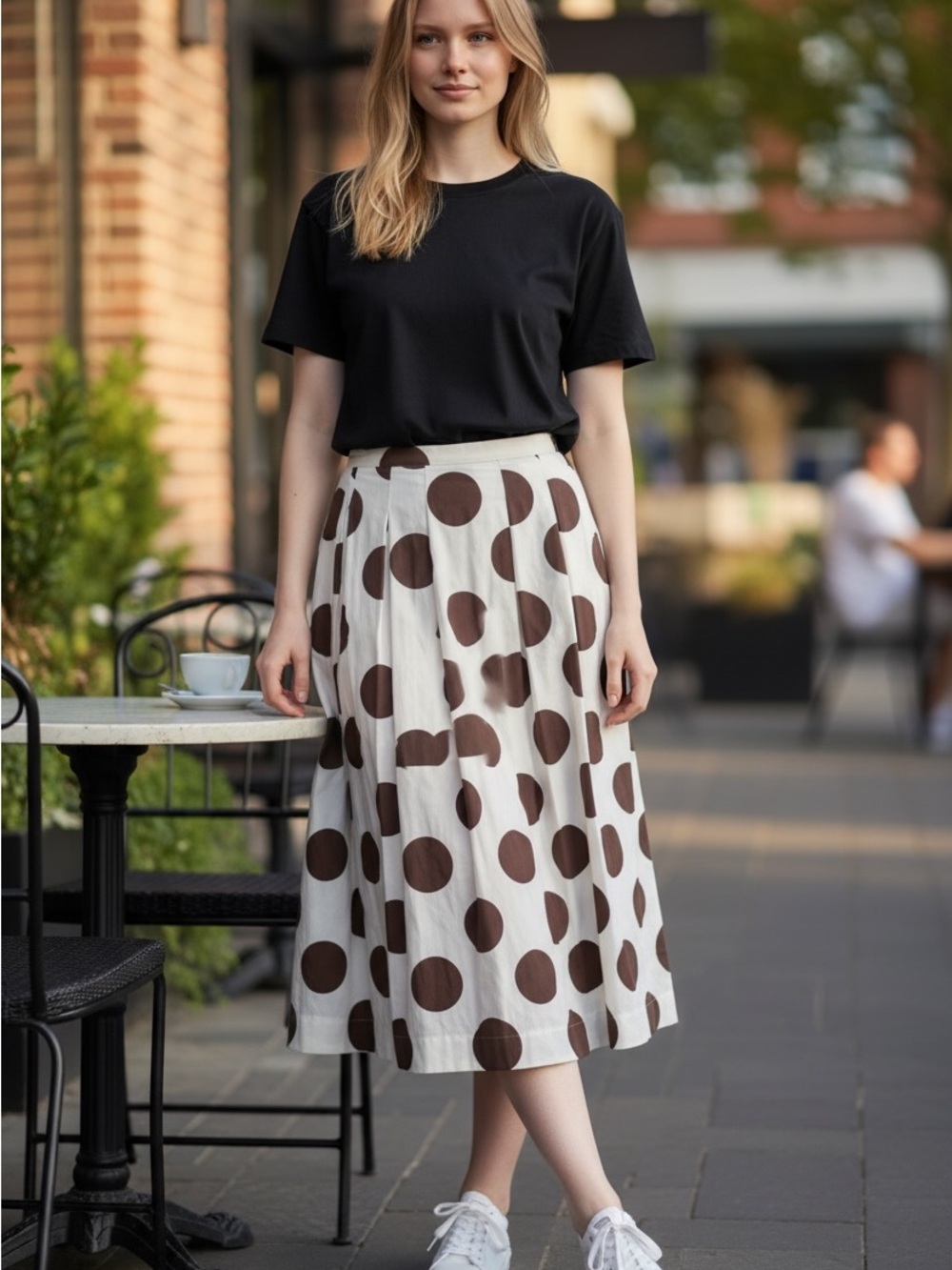 Maeve Cream Midi Skirt with Brown Polka Dots